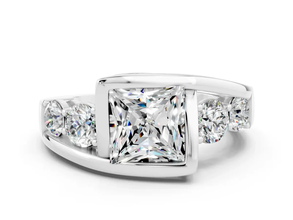 Bezel Set Princess Cut Moissanite Bypass Ring with Round Accents Silver