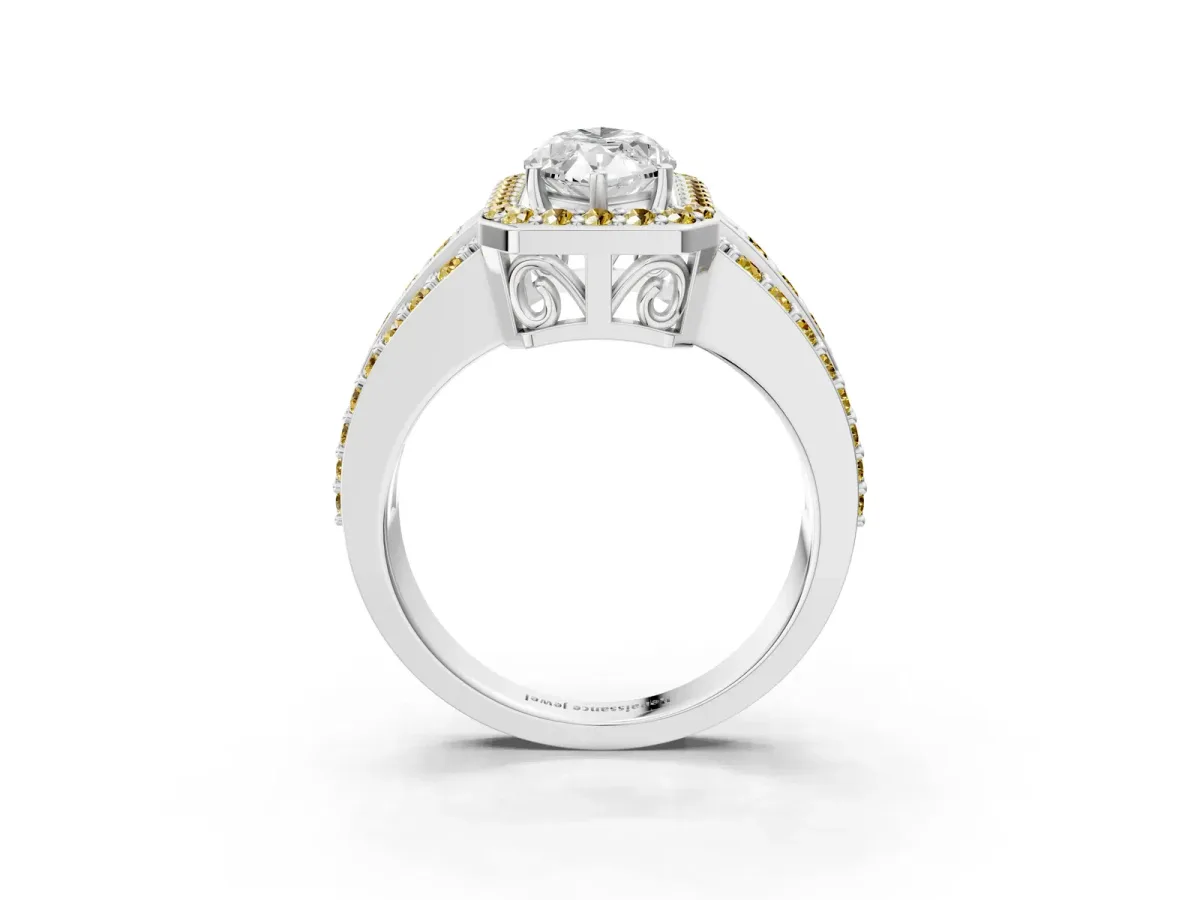 Marquise Cut Halo Diamond Ring with Round Yellow Sapphire Split Shank and Prong Setting Silver