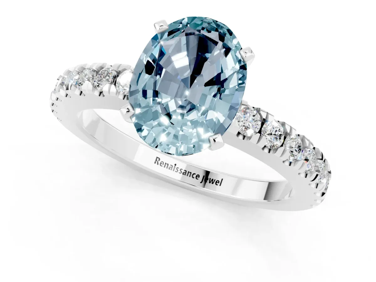 Oval Cut Solitaire Aquamarine with Pavé Band and Four-Prong Setting Silver