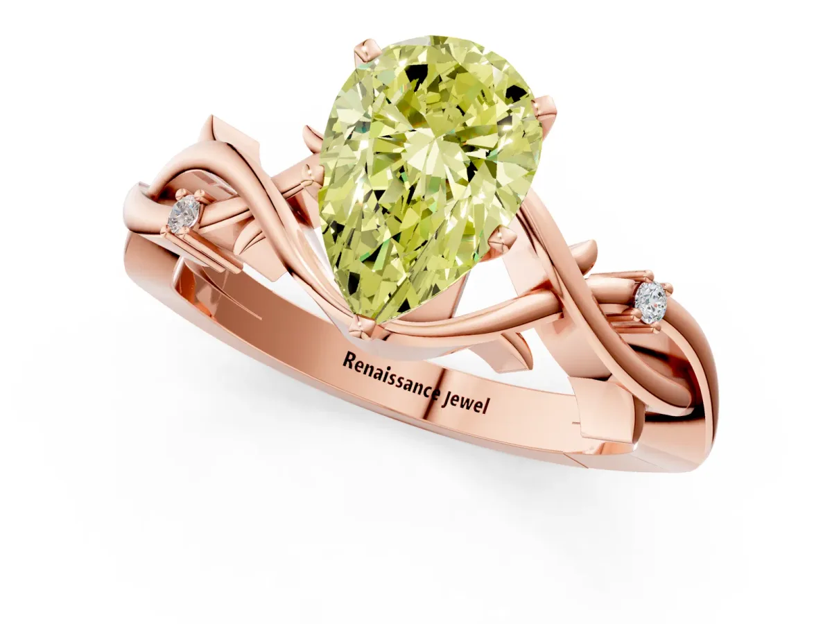Fancy Yellow Pear Cut Diamond Solitaire Ring with Twisted Band and Prong Setting Rose gold