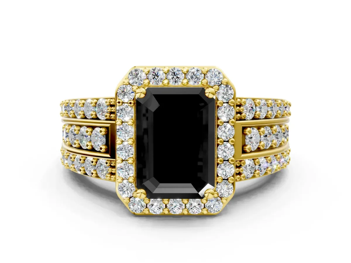 Fancy Black Emerald Cut Halo Diamond Ring with Round Split Shank and Prong Setting Yellow gold