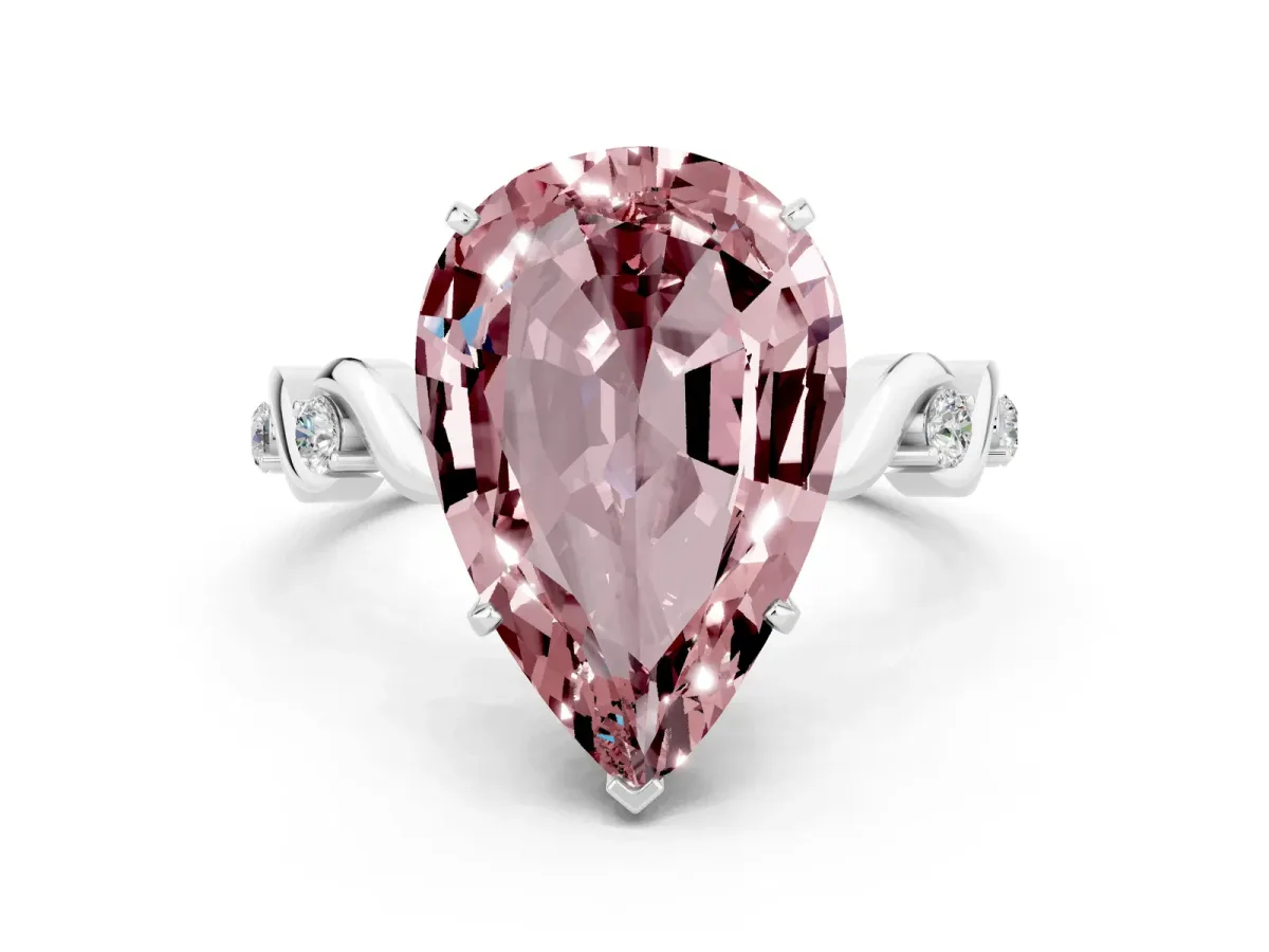 Pear Cut Morganite Solitaire Twisted Band with Round Accents and Prong Setting Silver