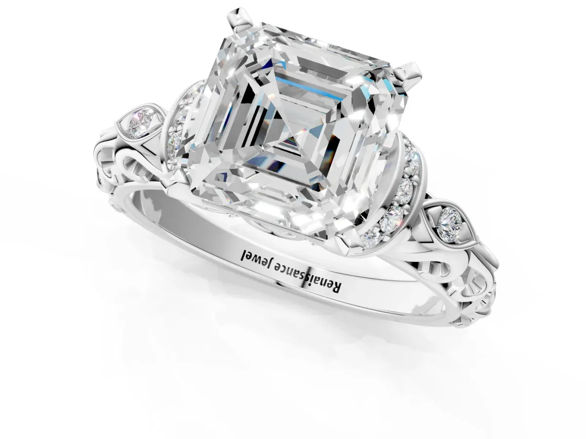 Asscher Cut Diamond Solitaire Ring with Filigree Band and Four-Prong Setting Platinum