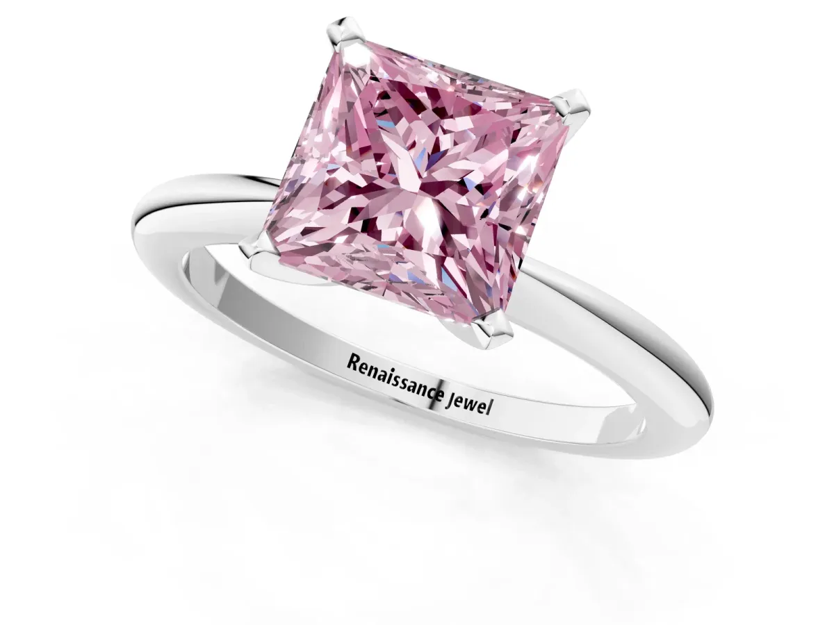 Fancy Pink Princess Cut Diamond Solitaire Ring with Six-Prong Setting and Classic Band Silver