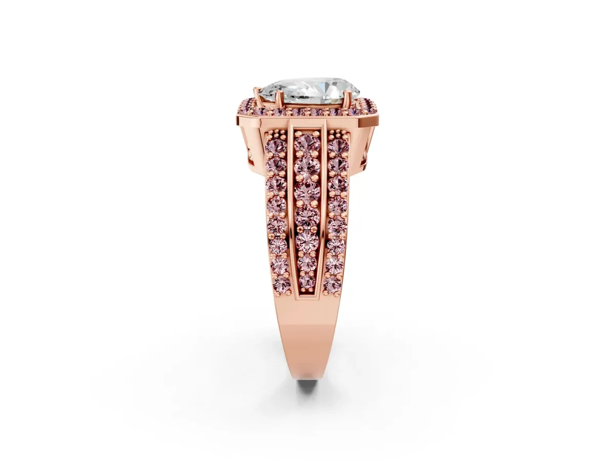 Pear Cut Halo Diamond Ring with Round Morganite Split Shank and Prong Setting Rose gold