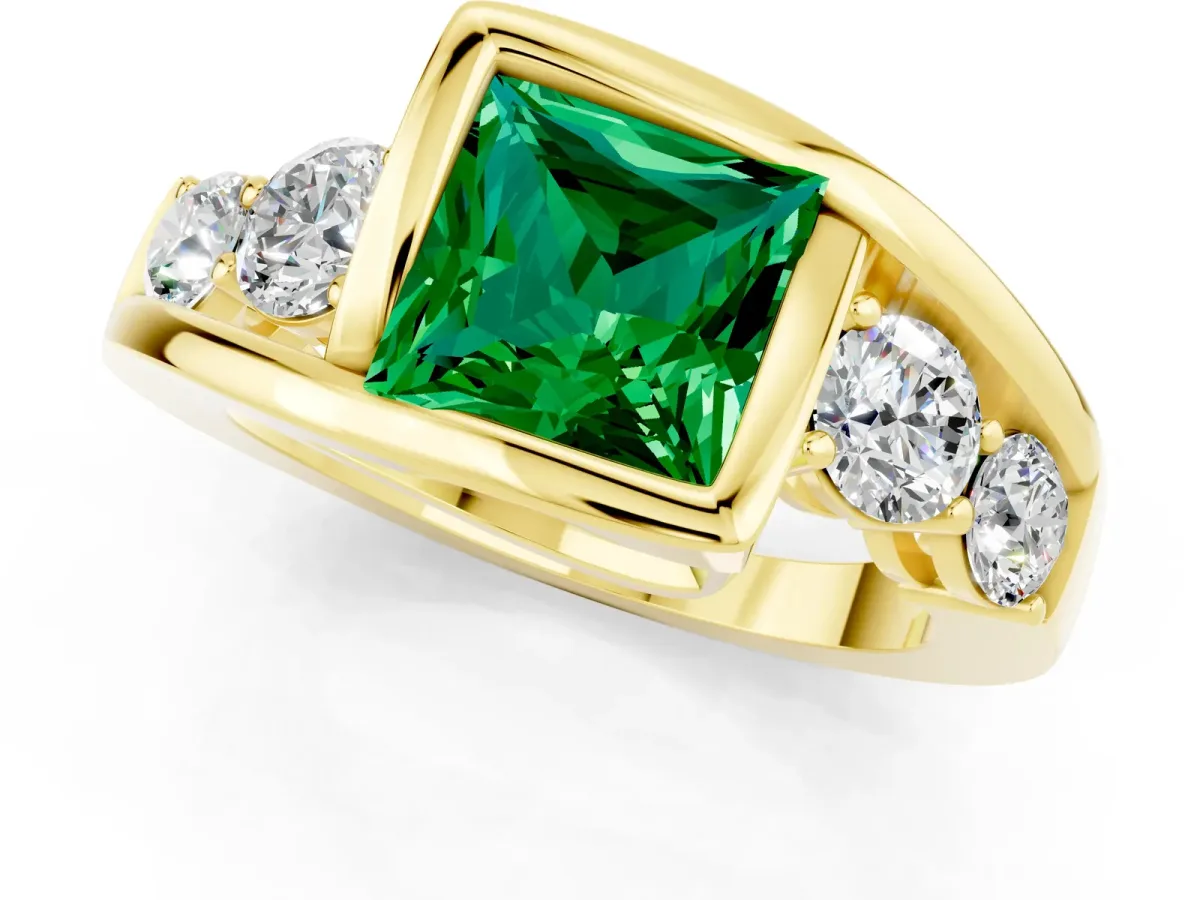 Bezel Set Princess Cut Emerald Bypass Ring with Round Accents Yellow gold