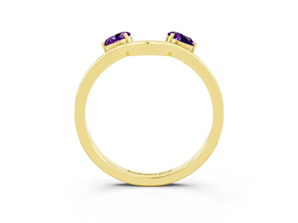 Dual Round Amethyst Open Band Ring with Prong Setting Yellow gold