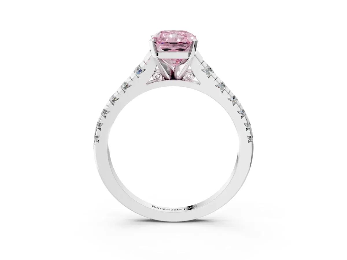 Fancy Pink Radiant Cut Diamond Cathedral Solitaire Ring with Round Pavé Band Silver