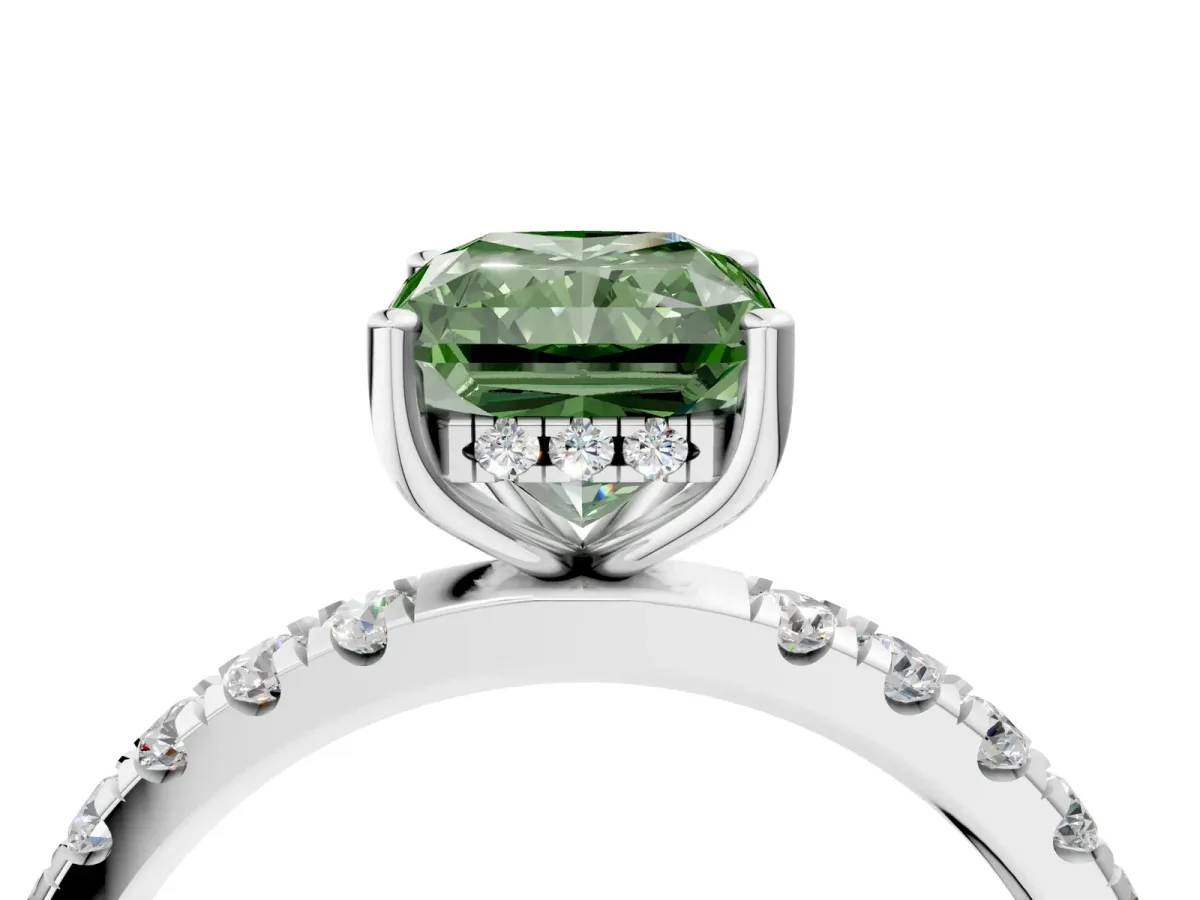 Fancy Green Radiant Cut Diamond Pave Band Solitaire Ring with Round and Prong Setting Silver