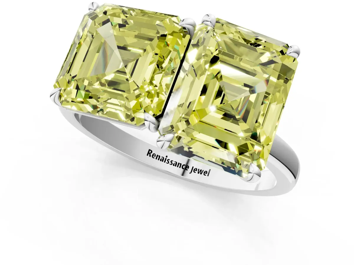 Fancy Yellow Asscher Cut and Emerald Cut Toi Moi Ring with Prong Setting White gold