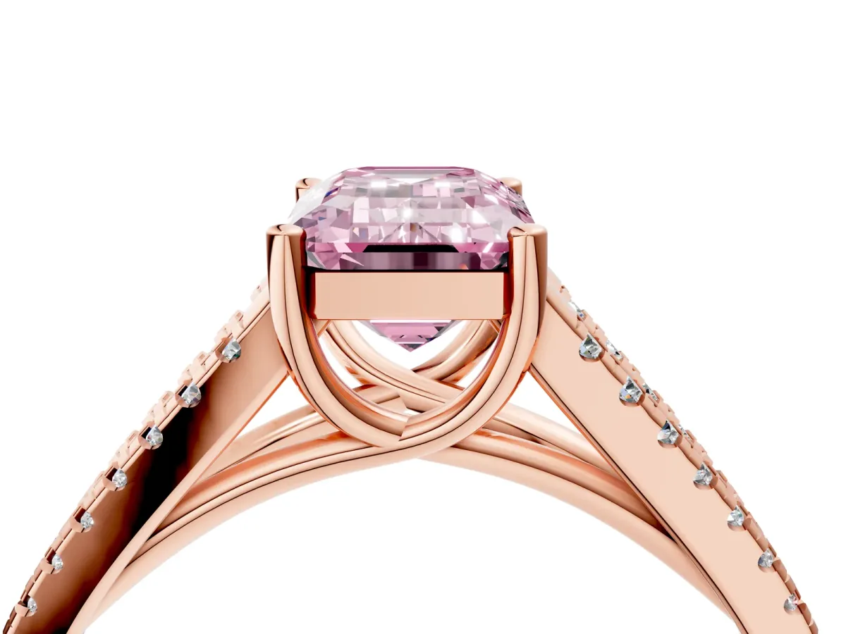 Fancy Pink Emerald Cut Diamond Solitaire Engagement Ring with Split Shank Pavé Band Rose gold