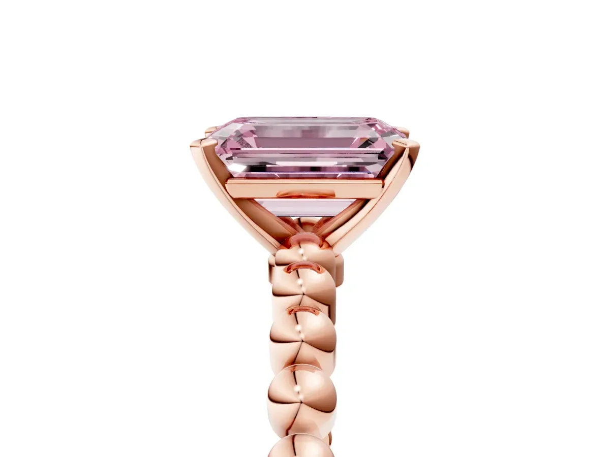 Fancy Pink Emerald Cut Diamond Solitaire Ring with Beaded Band and Prong Setting Rose gold