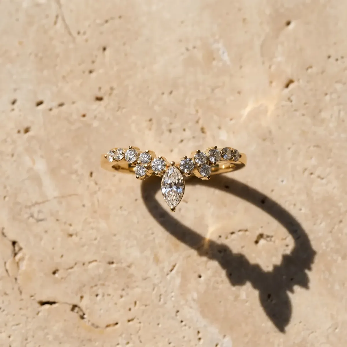 Marquise and Round Diamond Chevron Band with Prong Setting Yellow gold