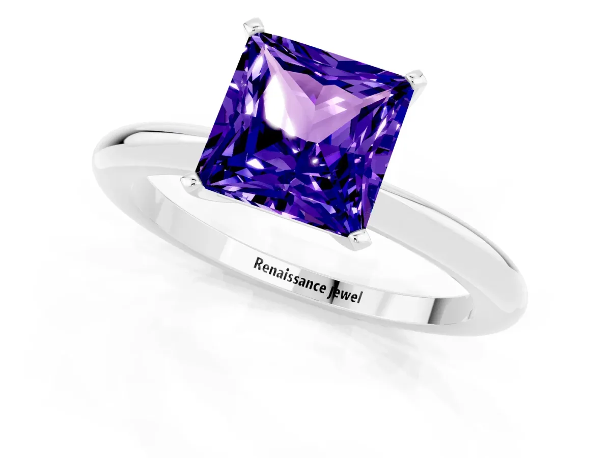 Princess Cut Tanzanite Solitaire Ring with Six-Prong Setting and Classic Band Silver