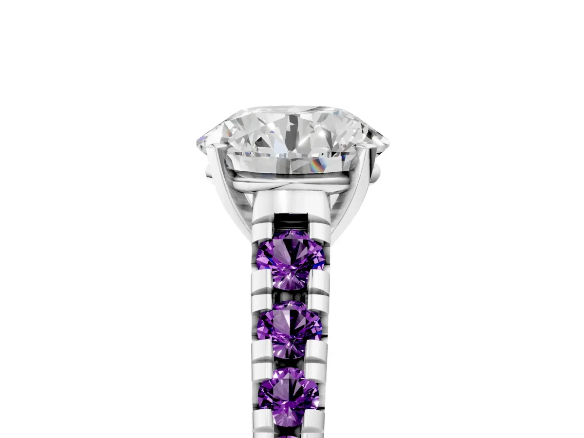 Round Cut Diamond Cathedral Solitaire Ring with Round Amethyst Pavé Band Silver