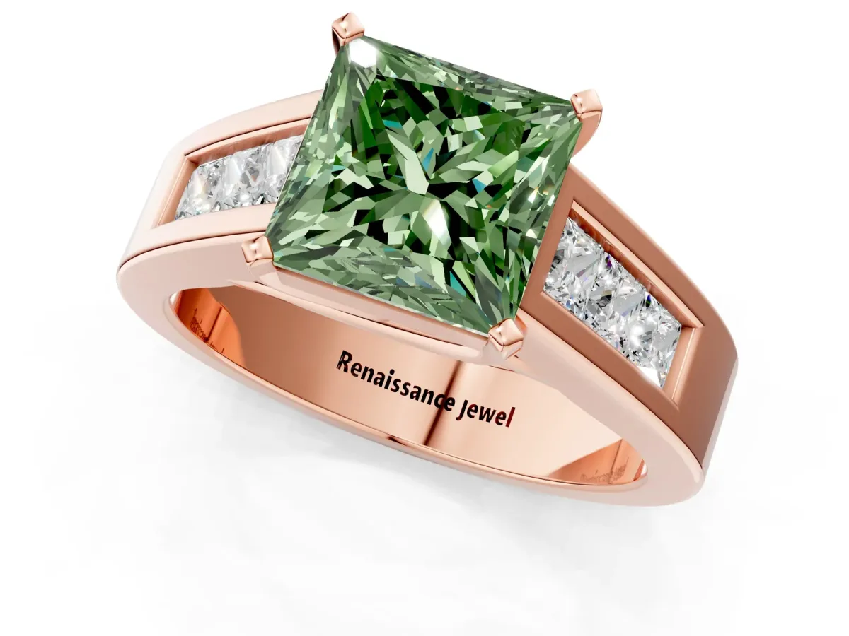 Fancy Green Princess Cut Cut Channel Set Solitaire Ring with Four-Prong Setting Rose gold