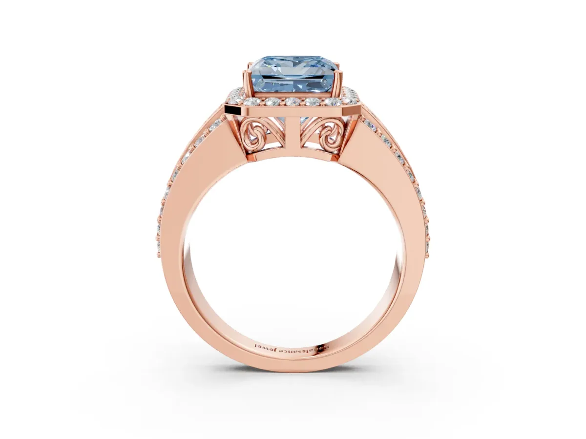Fancy Blue Princess Cut Halo Diamond Ring with Round Split Shank and Prong Setting Rose gold