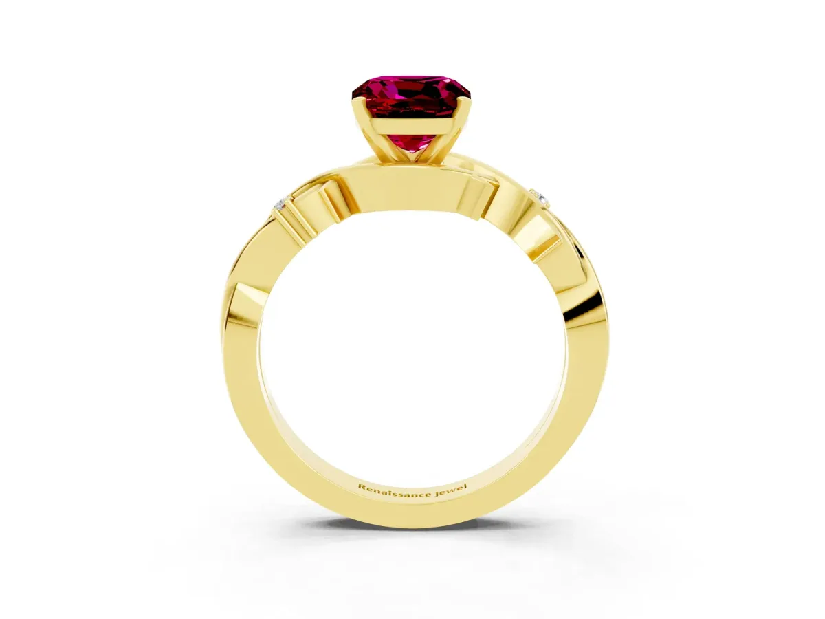 Cushion Cut Garnet Solitaire Ring with Twisted Band and Prong Setting Yellow gold