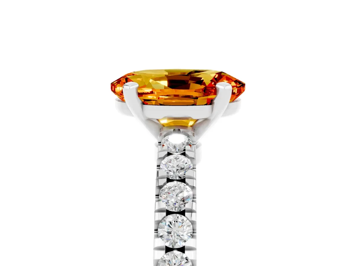 Oval Cut Solitaire Citrine with Pavé Band and Four-Prong Setting Platinum