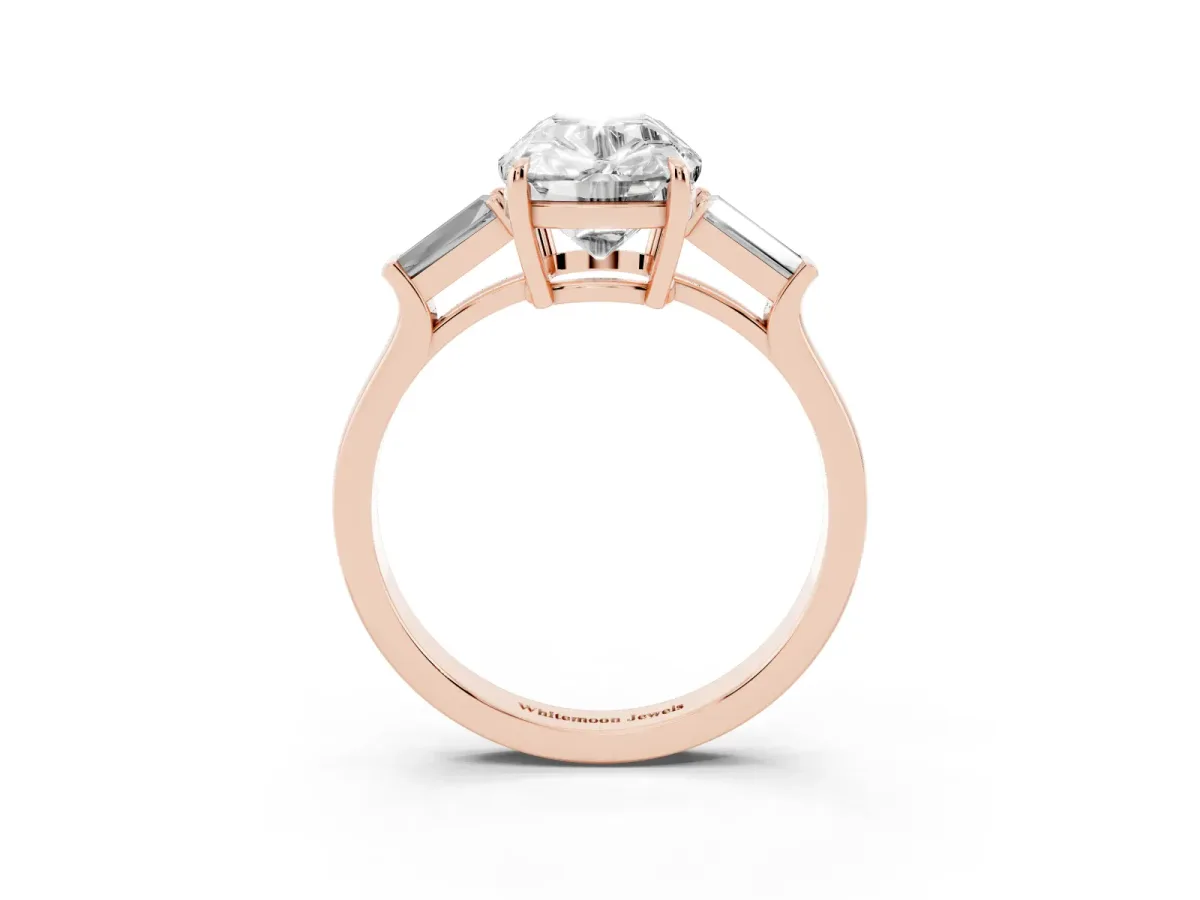 Old Mine Elongated Cushion Diamond with Side Tapered Baguette Three Stone Ring Rose gold