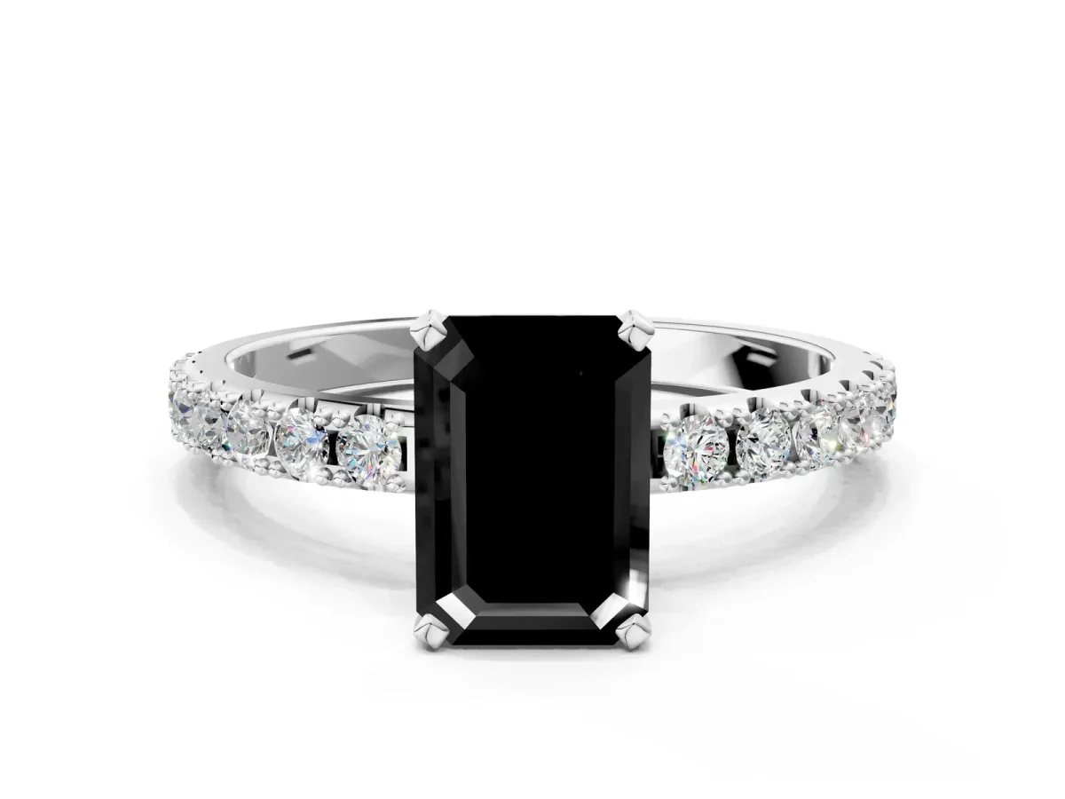 Fancy Black Emerald Cut Diamond Solitaire Pavé Band with Four-Prong Setting White gold