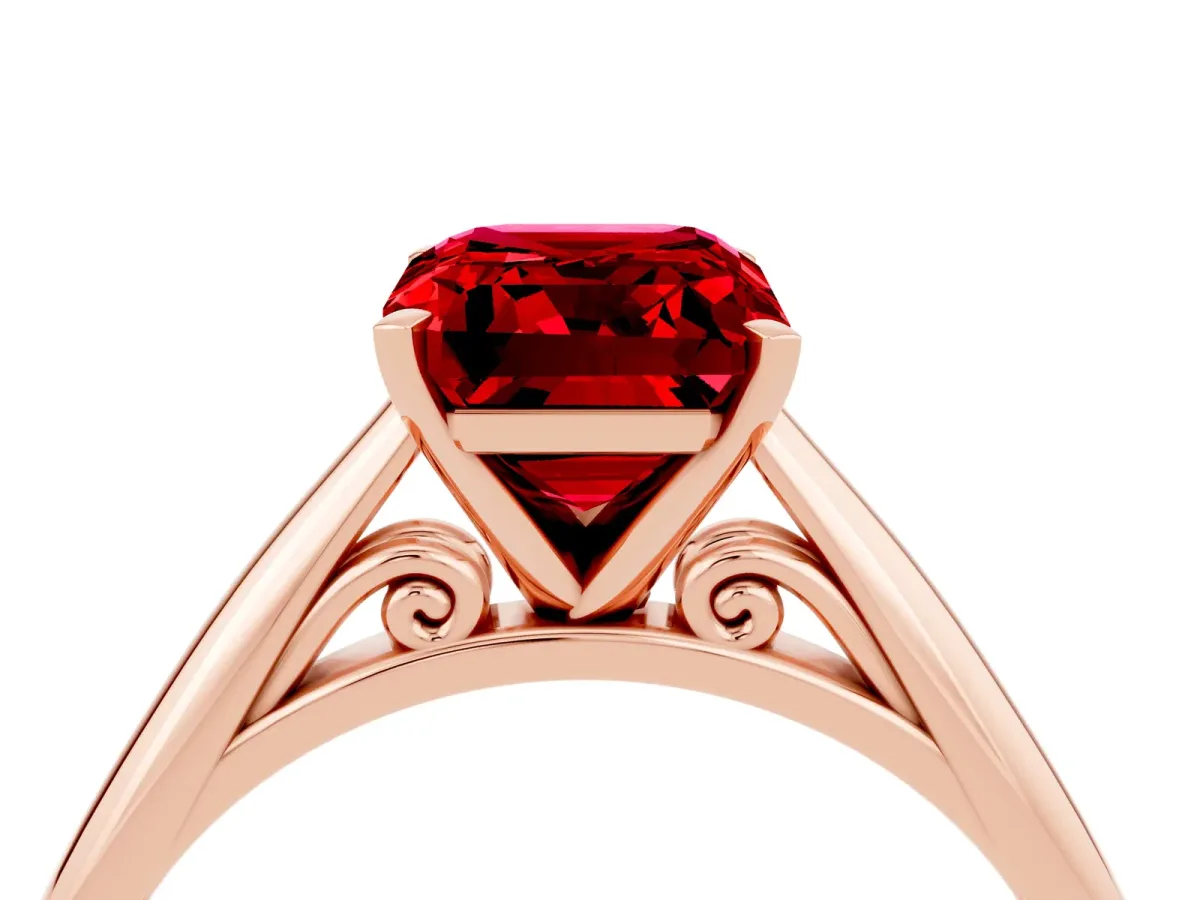 Emerald Cut Ruby Solitaire Engagement Ring with Cathedral Setting and Four-Prong Mount Rose gold