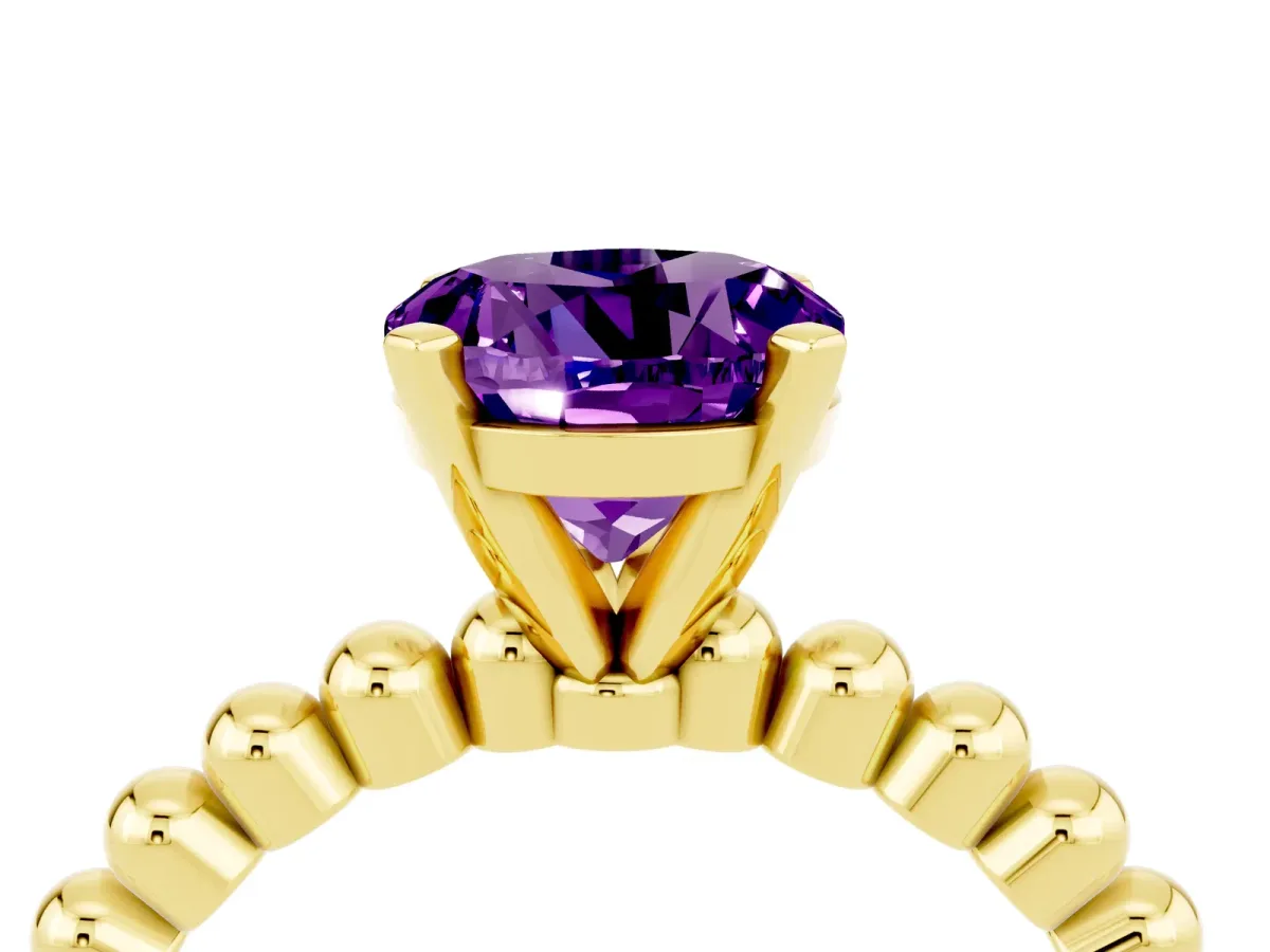 Round Cut Amethyst Solitaire Ring with Beaded Band and Prong Setting Yellow gold