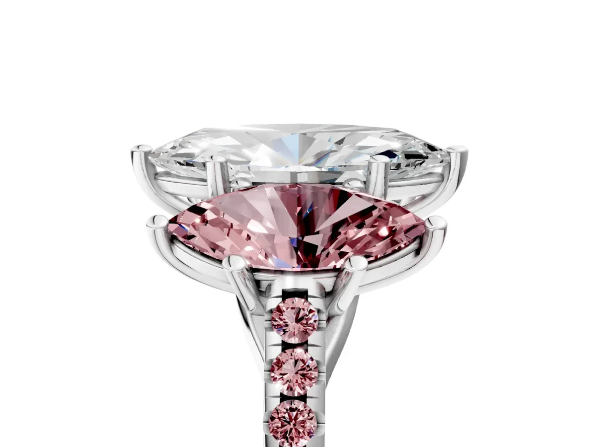 Three-Stone Marquise Cut Diamond Ring with Round Morganite Pavé Band and Prong Setting Silver