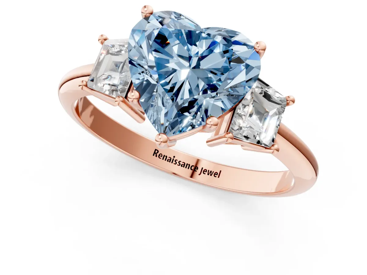 Fancy Blue Heart Cut Diamond Three-Stone Ring with Trapezoid Side Stones and Prong Setting Rose gold