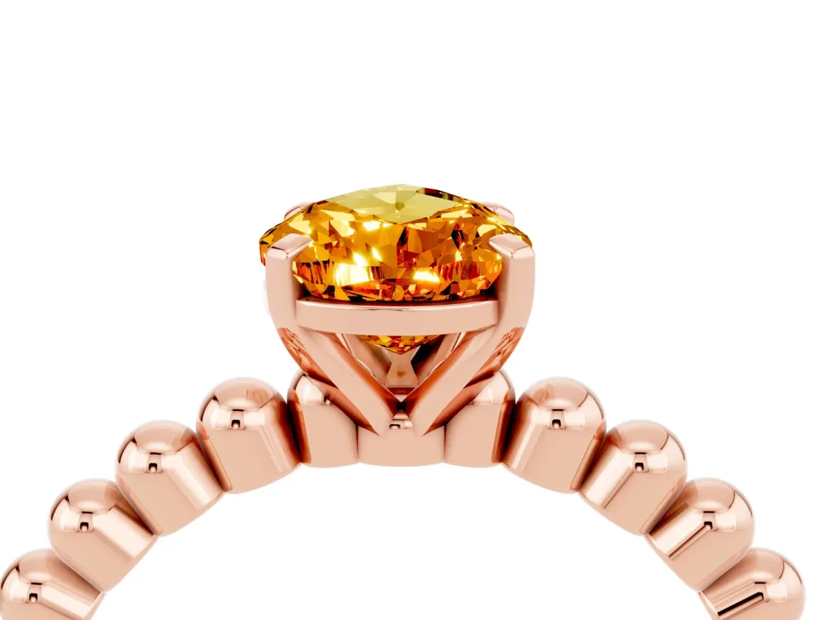 Pear Cut Citrine Solitaire Ring with Beaded Band and Prong Setting Rose gold