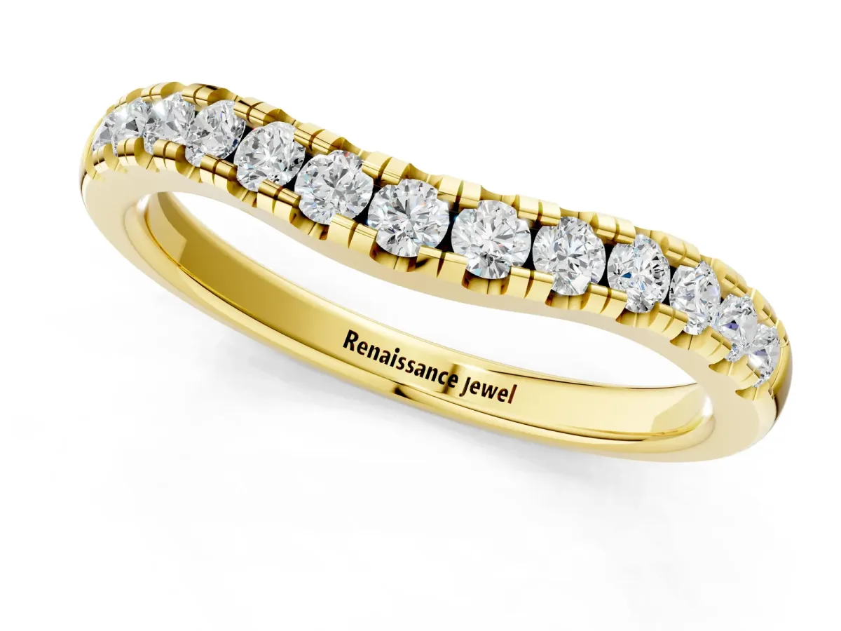 Pavé Set Round Diamond Curved Band with Shared Prong Setting Yellow gold