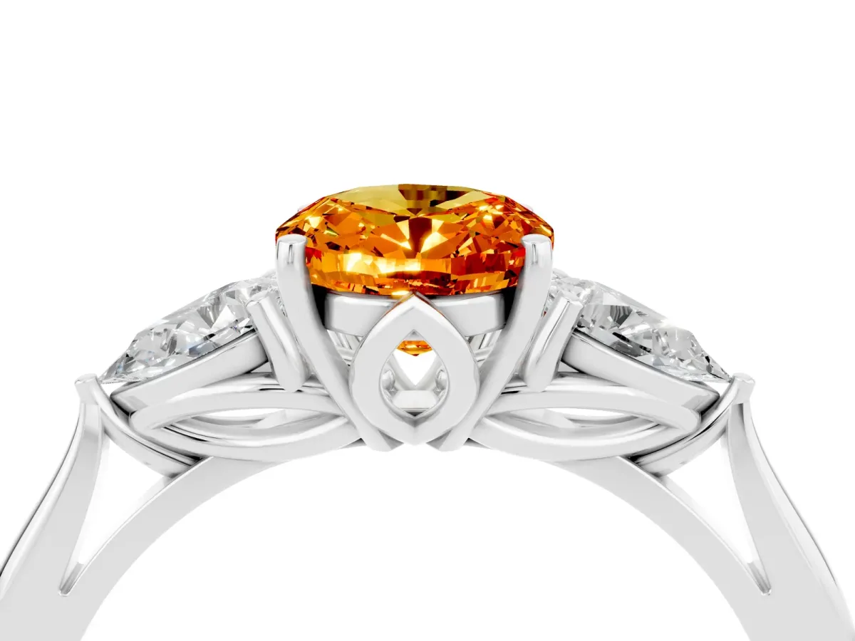 Three-Stone Oval Cut Citrine Ring with Pear Side Stones in Four-Prong Setting White gold