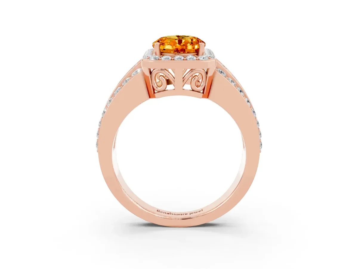 Oval Cut Halo Citrine Ring with Round Split Shank and Prong Setting Rose gold
