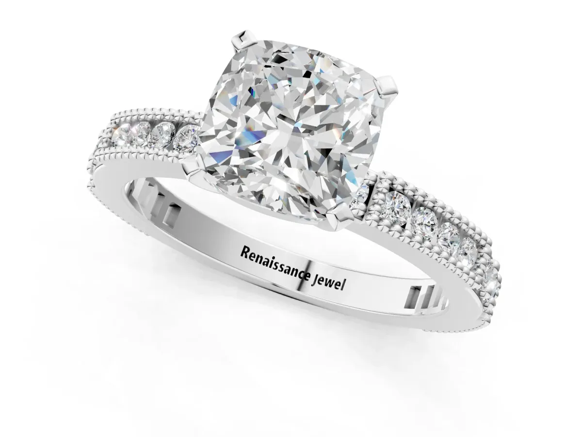 Cushion Cut Solitaire with Pavé Band and Four-Prong Setting Silver