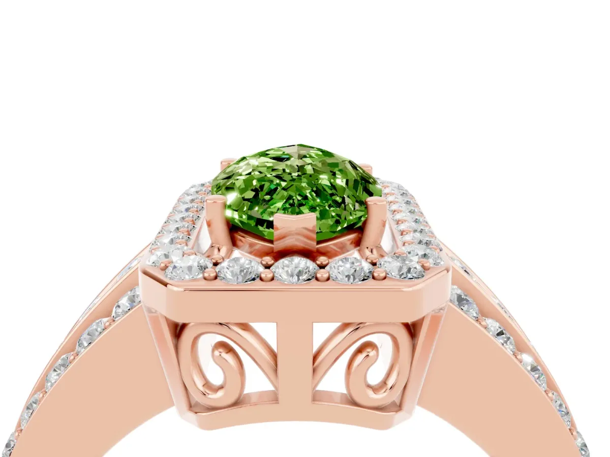 Marquise Cut Halo Peridot Ring with Round Split Shank and Prong Setting Rose gold