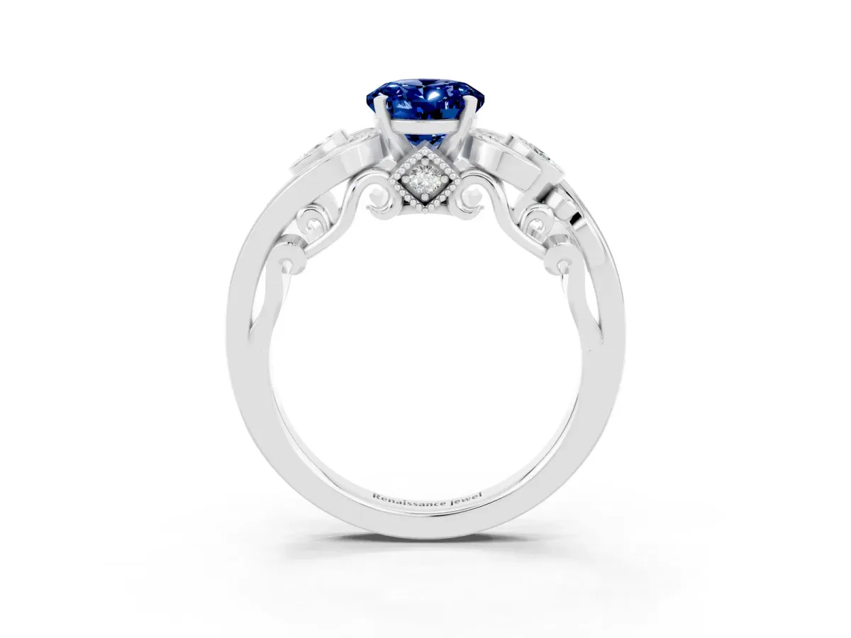 Oval Cut Blue Sapphire Solitaire Ring with Milgrain Pavé Band and Four-Prong Setting Silver
