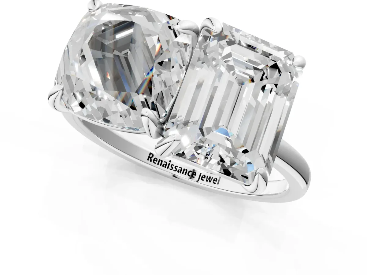Cushion and Emerald Toi Moi Ring with Prong Setting and Plain Band Silver