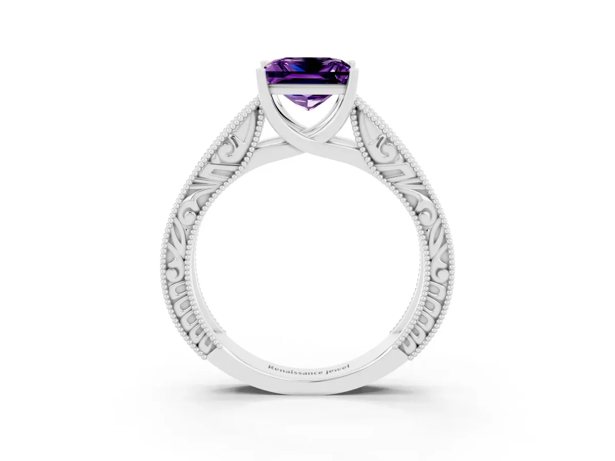 Princess Cut Amethyst Solitaire Ring with Engraved Band and Four-Prong Setting White gold
