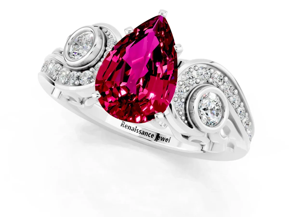Pear Cut Garnet Solitaire Ring with Milgrain Pavé Band and Four-Prong Setting Silver