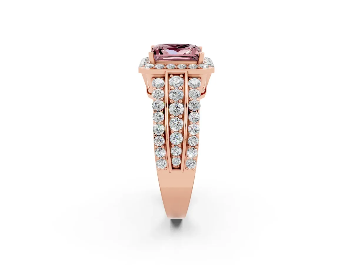 Princess Cut Halo Morganite Ring with Round Split Shank and Prong Setting Rose gold