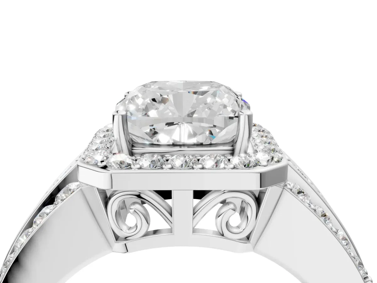 Cushion Cut Halo Diamond Ring with Round Moissanite Split Shank and Prong Setting Silver