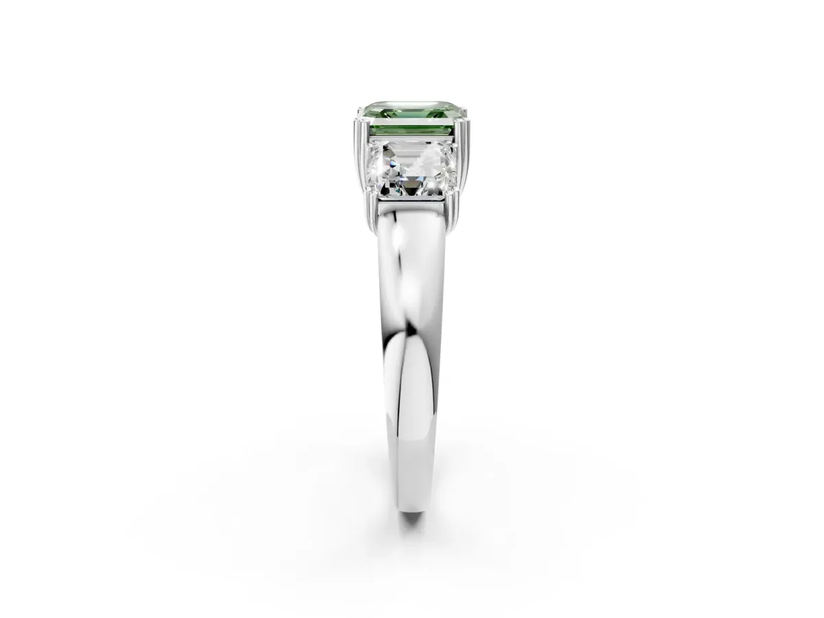 Fancy Green Three-Stone Asscher Cut Cut Diamond Ring with Channel Set Band and Four-Prong Setting Silver