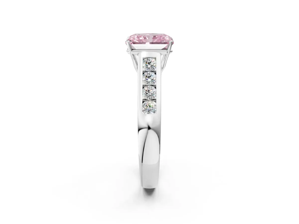 Fancy Pink Radiant Cut Solitaire Channel-Set Diamond Engagement Ring with Four-Prong Setting Platinum