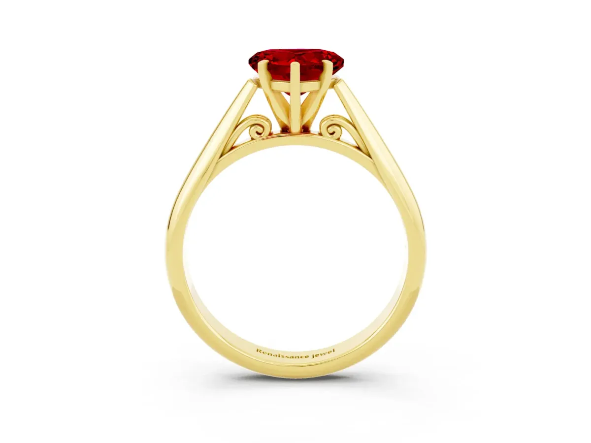 Heart Cut Ruby Solitaire Engagement Ring with Cathedral Setting and Four-Prong Mount Yellow gold