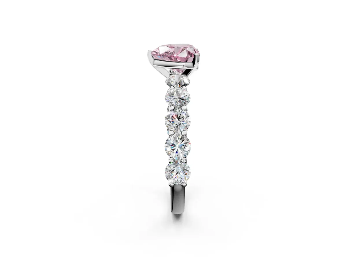 Fancy Pink Heart Cut Diamond Prong Setting with Side Stones on a Pave Band Silver