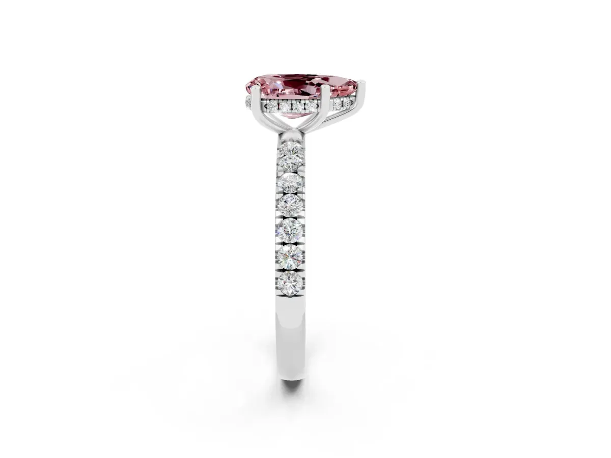 Pear Cut Morganite Pave Band Solitaire Ring with Round and Prong Setting Platinum