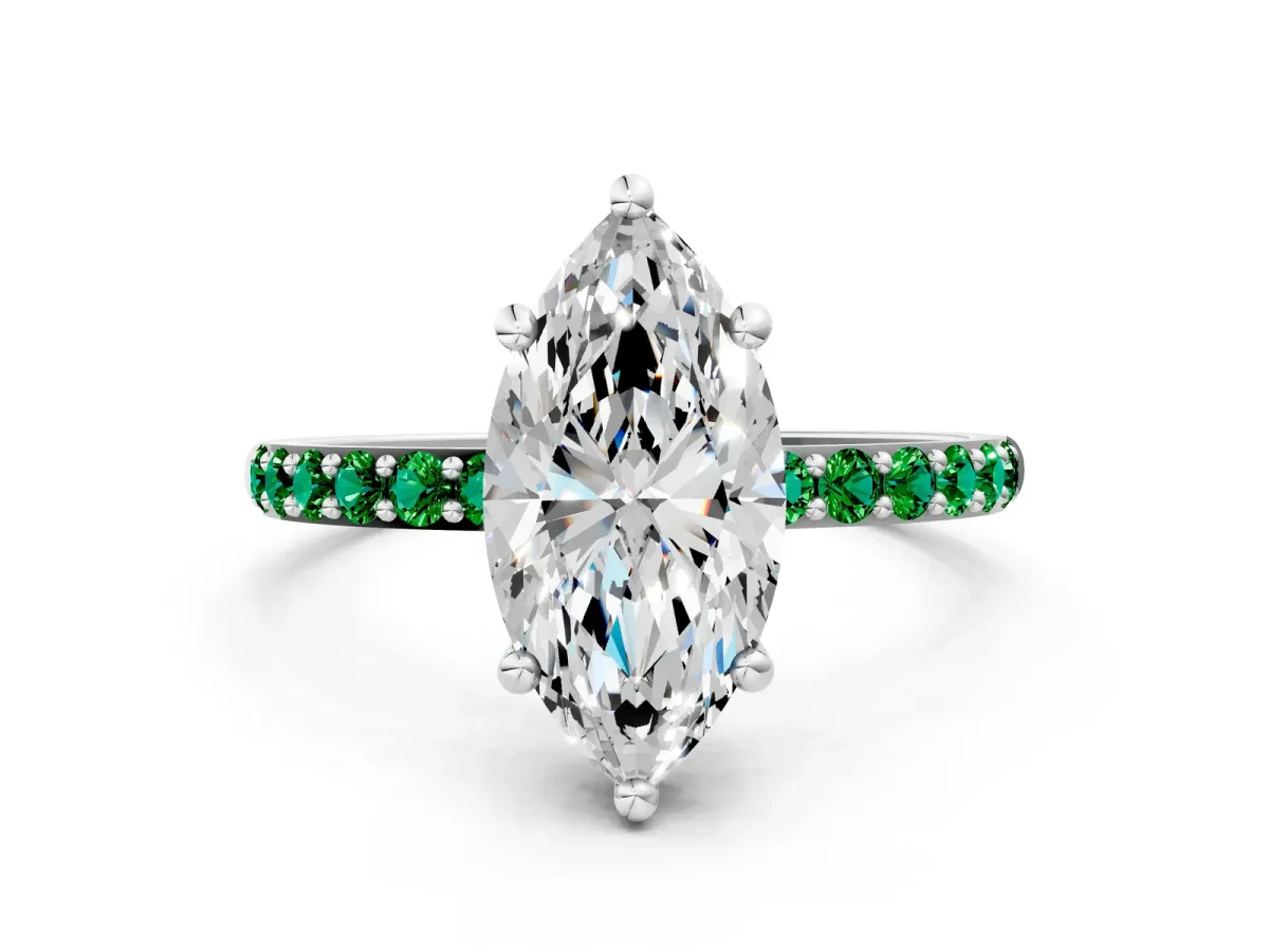 Marquise Cut Diamond Solitaire Ring with Round Emerald Pavé Band and Prong Setting Silver