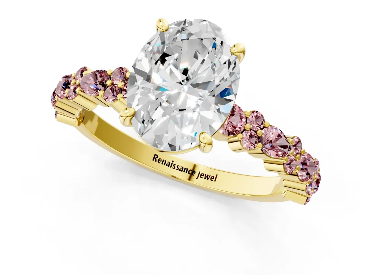 Oval Cut Diamond Side Stone Solitaire Ring with Round Morganite and Four-Prong Setting Yellow gold