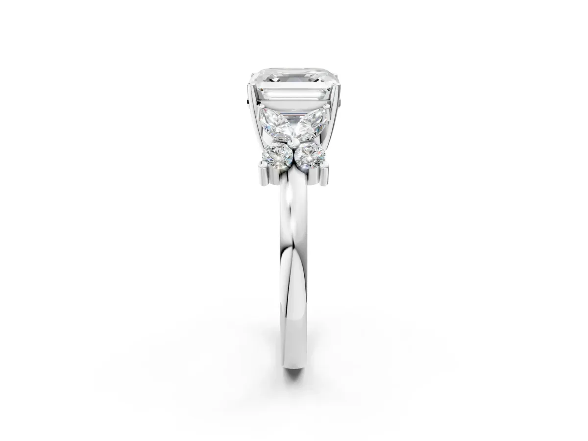 Asscher Cut Diamond Floral Cluster Ring with Solitaire Band and Prong Setting Platinum