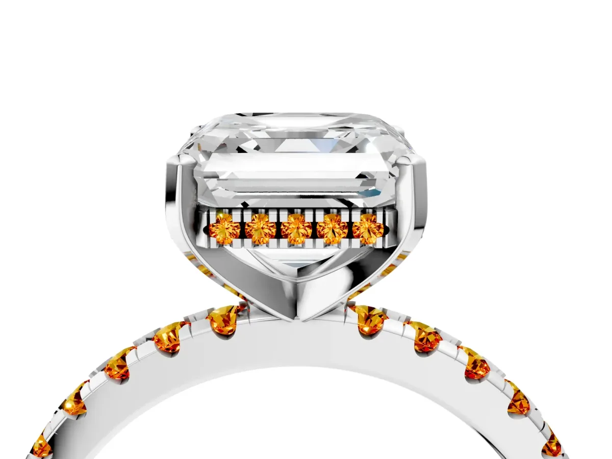 Asscher Cut Diamond Solitaire Ring with Round Citrine Pavé Band and Four-Prong Setting Silver